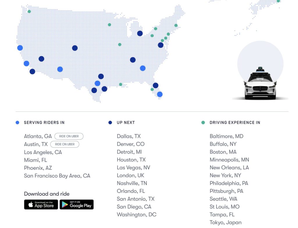 Les villes cibl&eacute;es par Waymo (d&eacute;j&agrave; disponibles, bient&ocirc;t disponibles, exp&eacute;riences en cours).
