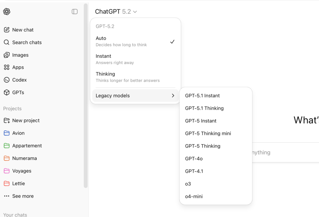 Tous les mod&egrave;les actuellement disponibles dans ChatGPT.