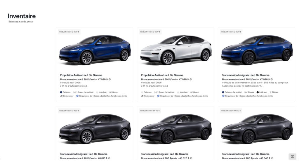 Les mod&egrave;les en stock de Tesla n'ont plus l'Autopilot. // Source : Tesla (capture d'&eacute;cran)