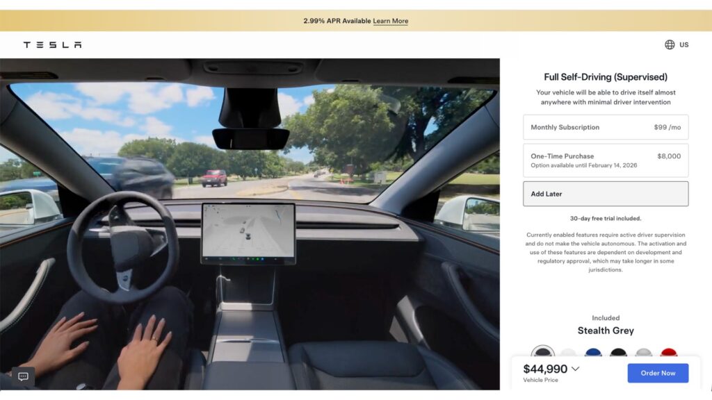 Le FSD de Tesla est d&eacute;sormais vendu en abonnement &agrave; 99 dollars par mois. // Source : Tesla (capture d'&eacute;cran)