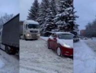 La Tesla Model 3 qui tire un camion // Source : Montage Numerama