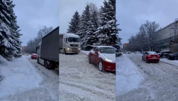 La Tesla Model 3 qui tire un camion // Source : Montage Numerama