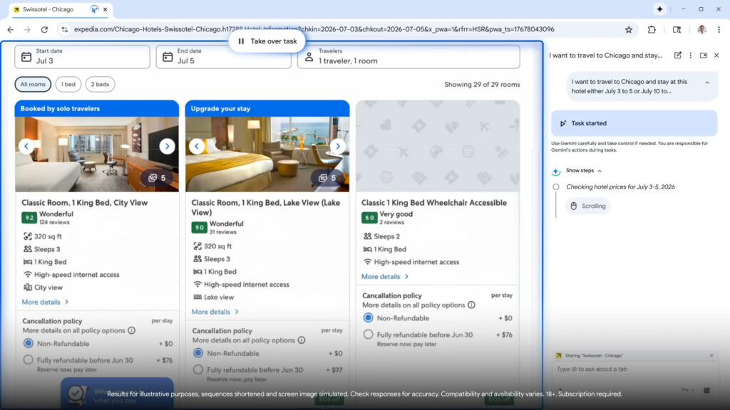 Ici, Google Chrome navigue et compare des prix d'h&ocirc;tel.