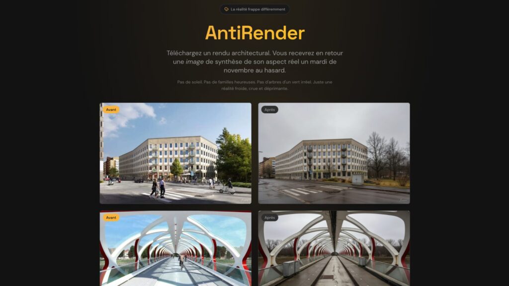 AntiRender est un petit site web con&ccedil;u pour &laquo; casser &raquo; les rendus architecturaux trop parfaits. // Source : AntiRender
