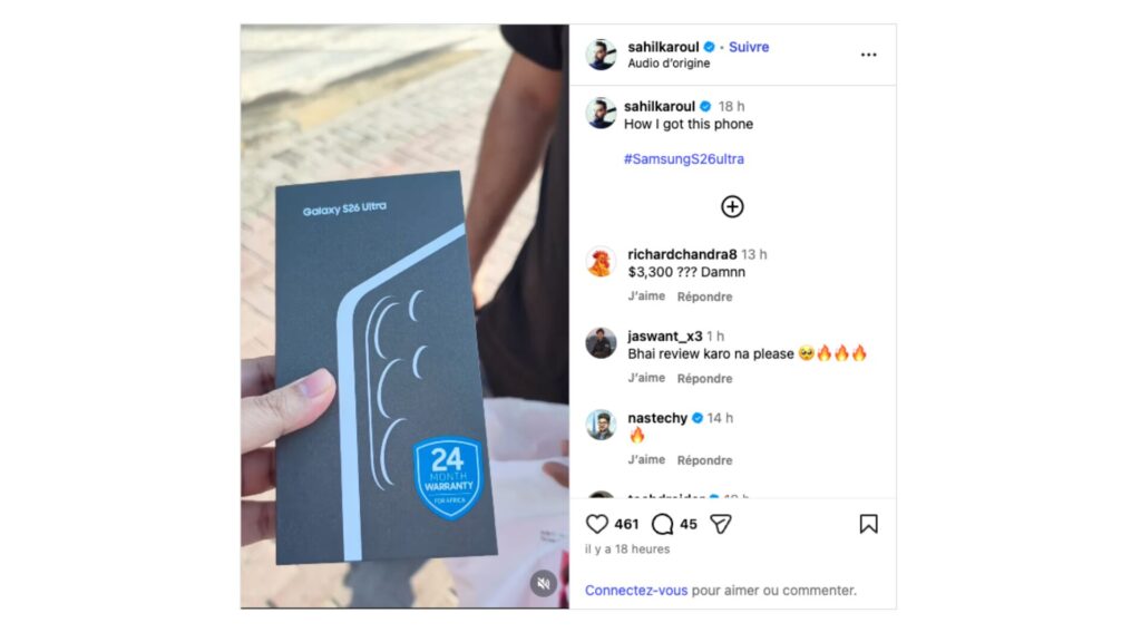 Sahil Karoul affirme avoir pay&eacute; le Samsung Galaxy S26 Ultra 3300 dollars.  // Source : Sahil Karoul - Instagram