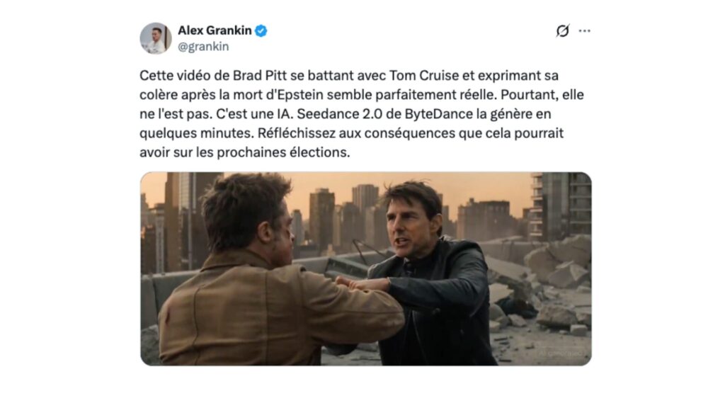 Une vid&eacute;o g&eacute;n&eacute;r&eacute;e par Seedance 2.0 montrant Tom Cruise et Brad Pitt en train de se battre sur un toit. // Source : @grankin sur X