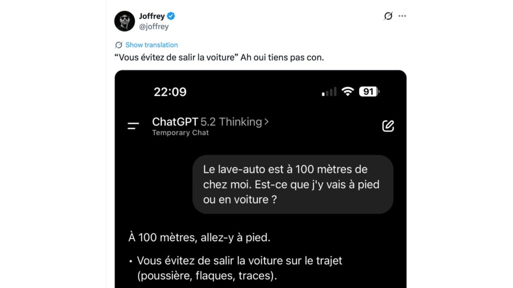 Depuis f&eacute;vrier 2026, sur X, des utilisateurs comparent les mod&egrave;les en leur posant tous la m&ecirc;me question. // Source : @joffrey sur X