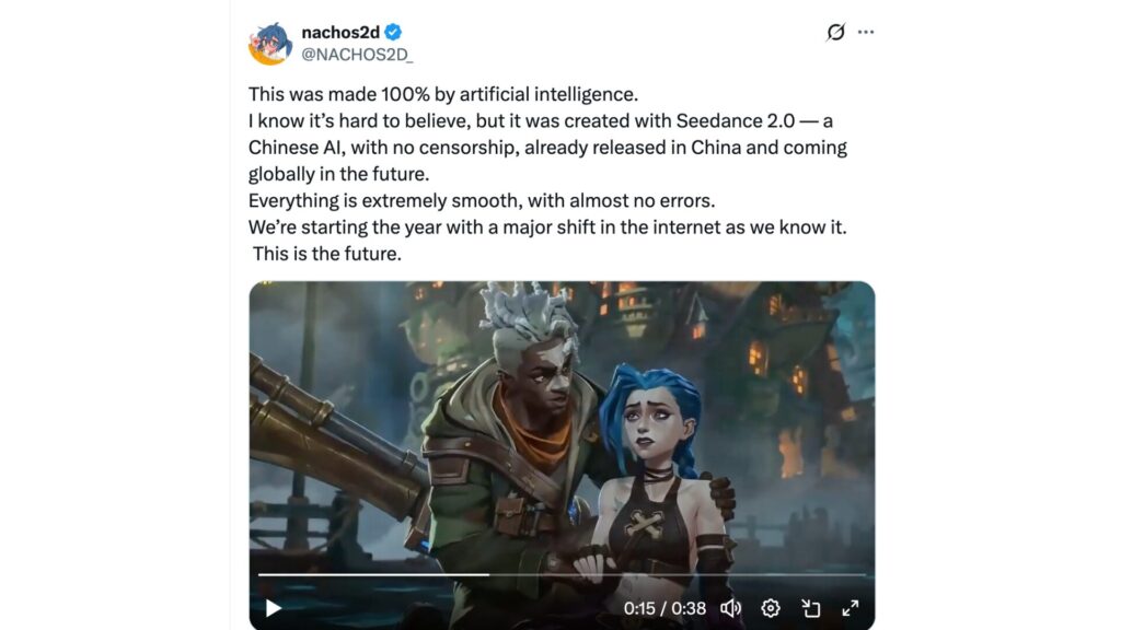 Sur X, plusieurs vid&eacute;os g&eacute;n&eacute;r&eacute;es avec l&rsquo;outil chinois copient par exemple le style visuel de la s&eacute;rie Arcane. // Source : @NACHOS2D_ sur X