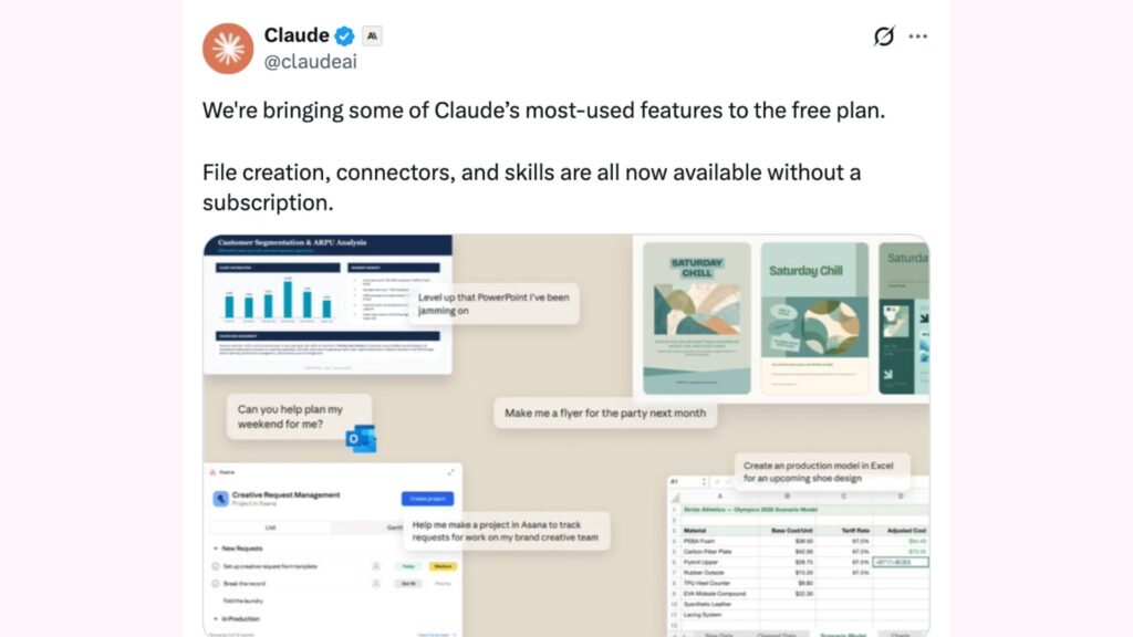 Anthropic a annonc&eacute; rendre plusieurs fonctionnalit&eacute;s gratuites sur Claude. // Source : Claude / Anthropic
