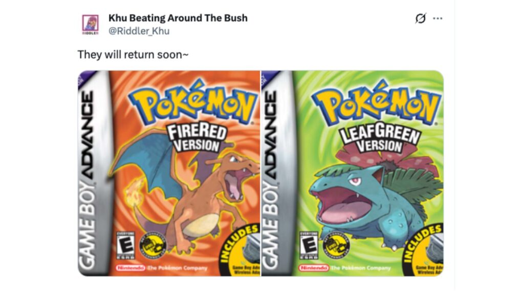 Pok&eacute;mon Rouge Feu et Pok&eacute;mon Vert Feuille seraient en pr&eacute;paration pour un retour sur Switch 2. // Source : @Riddler_Khu