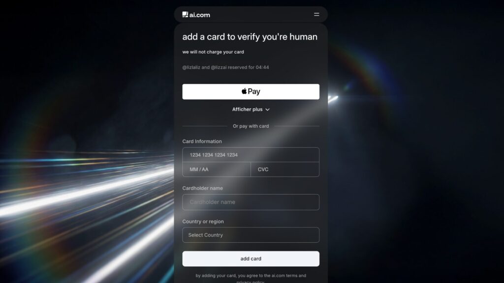 ai.com demande directement de renseigner des coordonn&eacute;es bancaires. // Source : Capture d'&eacute;cran Numerama
