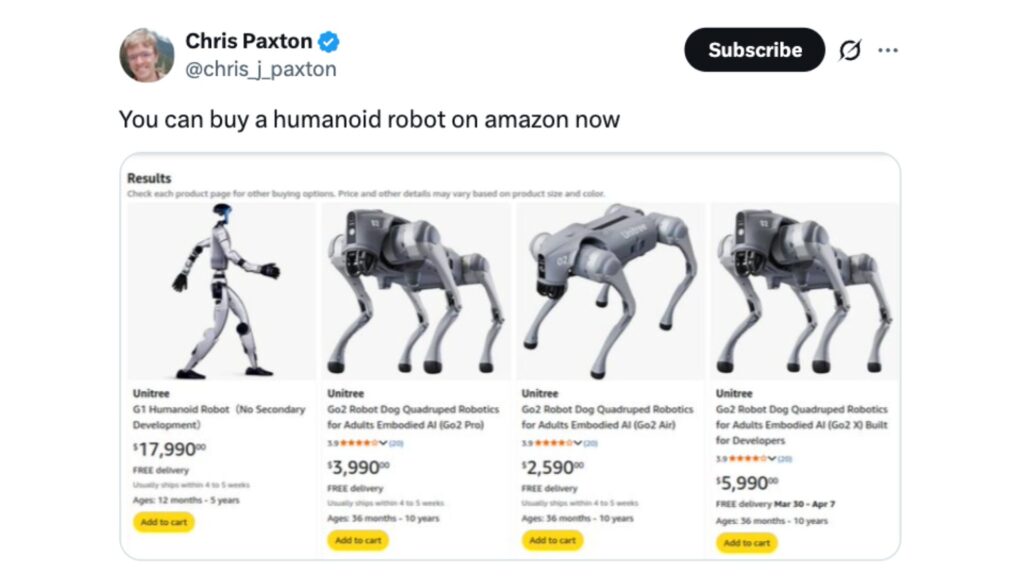 Une gamme compl&egrave;te de robots du chinois Unitree est en effet disponible sur Amazon. // Source : chris_j_paxton