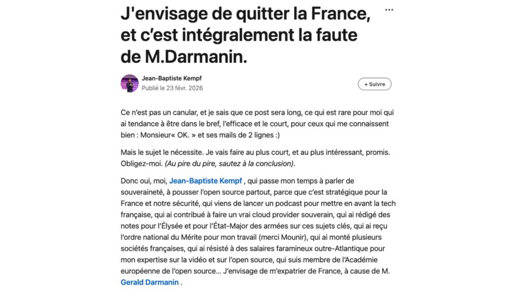 Le message publié sur LinkedIn par Jean-Baptiste Kempf. // Source : Capture d'écran Numerama Le message publié sur LinkedIn par Jean-Baptiste Kempf. // Source : Capture d'écran Numerama