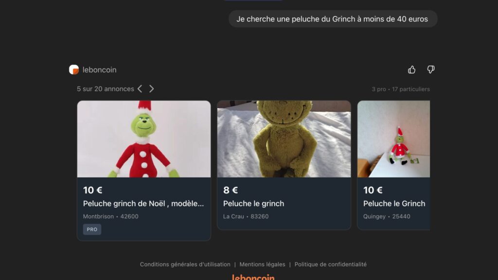 Nous avons test&eacute; l&rsquo;outil en demandant une peluche du Grinch &agrave; moins de 40 euros. // Source : Capture d'&eacute;cran Numerama