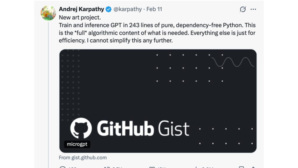Andrej Karpathy en&hellip; 243 lignes de code. // Source : Andrej Karpathy - X