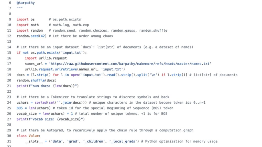 Une partie du code d'Andrej Karpathy. // Source : Andrej Karpathy