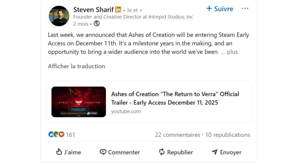 Le dernier post de Steven Steven SharifSteven Sharif sur LinkedIn se veut plut&ocirc;t rassurant // Source : Steven Sharif - LinkedIn