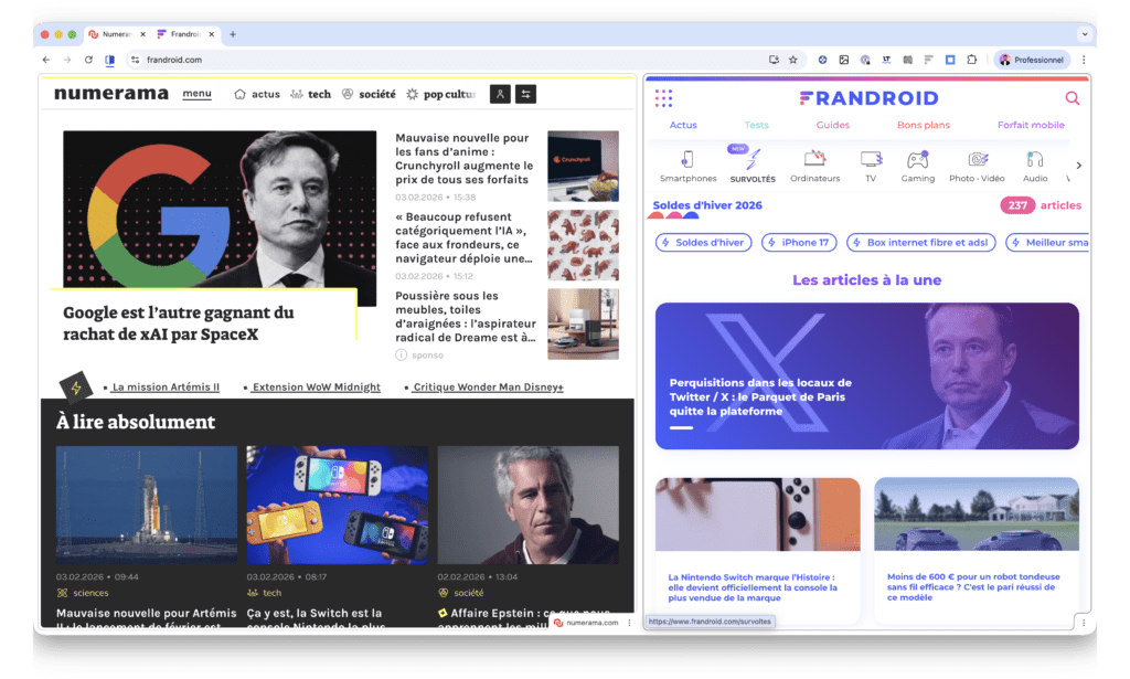 La vue splitt&eacute;e Numerama / Frandroid