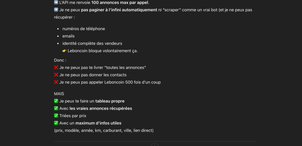 R&eacute;ponse de l'application lorsque nous avons demand&eacute; de lister toutes les voitures &agrave; moins de 10 000 euros disponibles &agrave; la vente dans le Val D'Oise // Source : Capture d'&eacute;cran Numerama