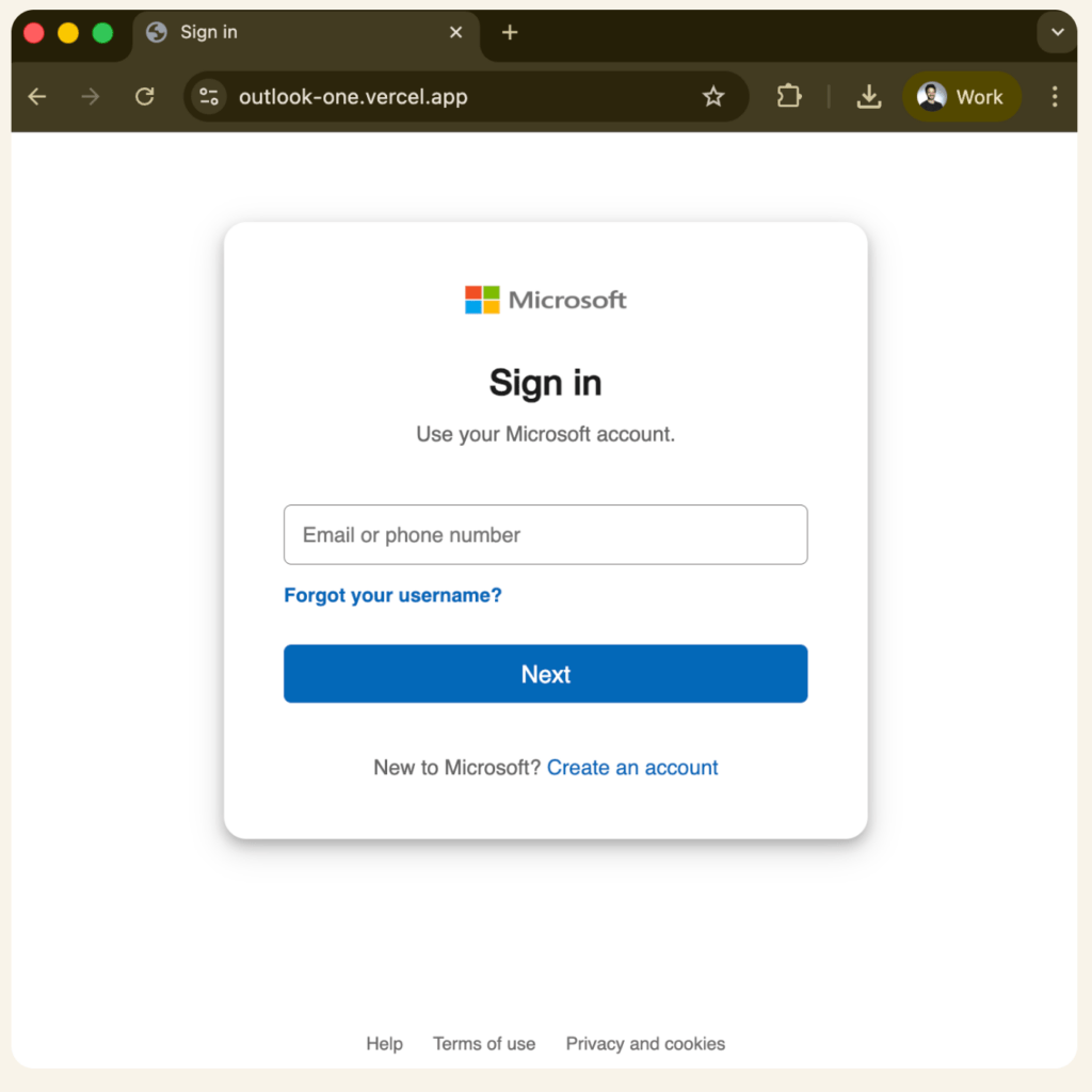 Lorsqu'une victime ouvre le compl&eacute;ment AgreeTo dans Outlook, elle ne voit pas un planificateur de r&eacute;unions, mais une page de connexion Microsoft. // Source : Koi Security
