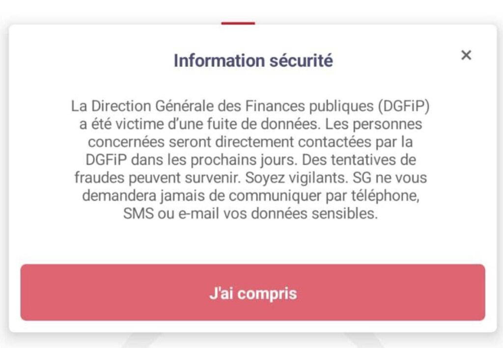 Message d'alerte sur l'application Soci&eacute;t&eacute; G&eacute;n&eacute;rale // Source : Capture d'&eacute;cran Numerama