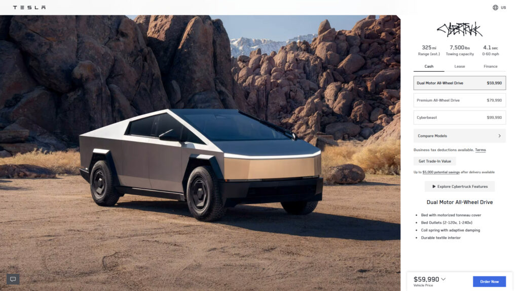 Capture du configurateur du Cybertruck  // Source : Site Tesla am&eacute;ricain 