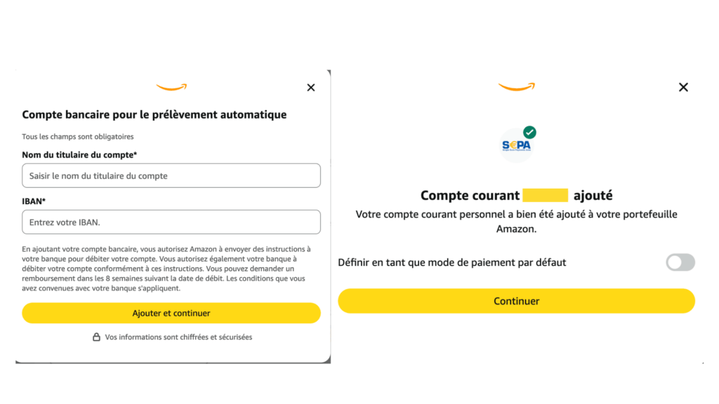 Ajout d'un moyen de paiement sur Amazon à l'aide d'un IBAN et du nom et prénom de la victime // Source : Capture d'écran Numerama Ajout d'un moyen de paiement sur Amazon à l'aide d'un IBAN et du nom et prénom de la victime // Source : Capture d'écran Numerama
