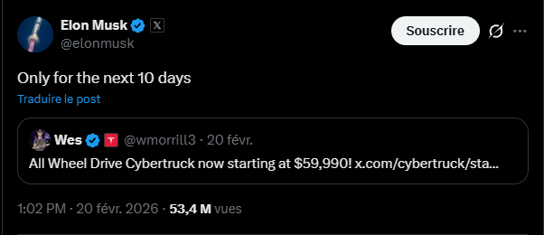 Capture du tweet d'Elon Musk sur le prix du Cybertruck // Source : Elon Musk sur X 