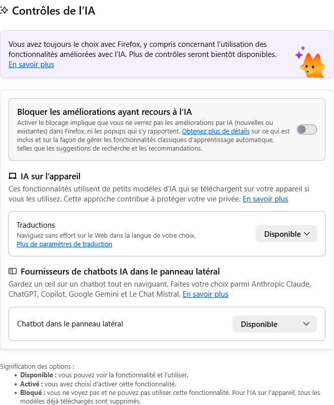 firefox IA param&egrave;tres