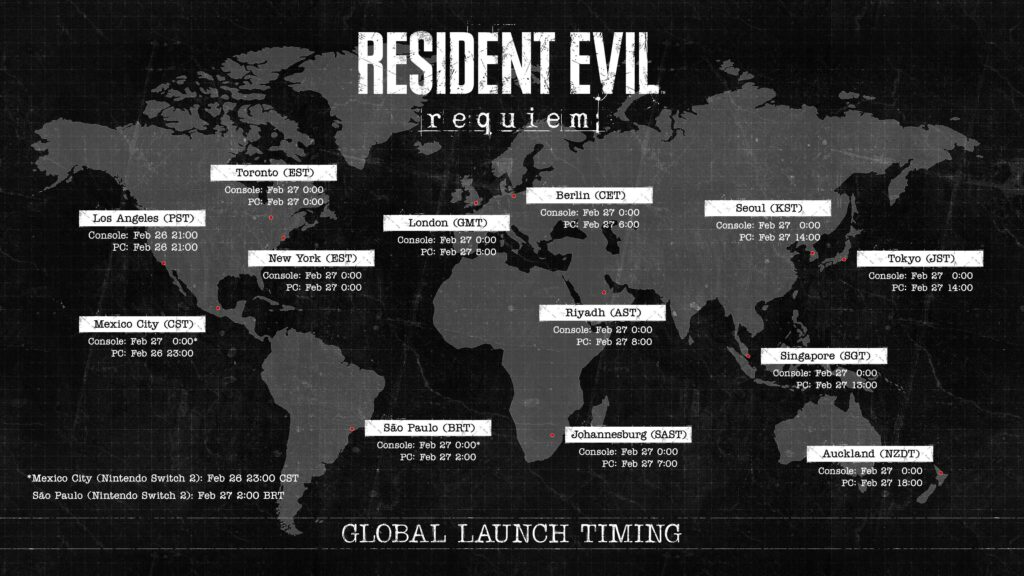 Les horaires de lancement de Resident Evil Requiem // Source : Capcom Les horaires de lancement de Resident Evil Requiem // Source : Capcom