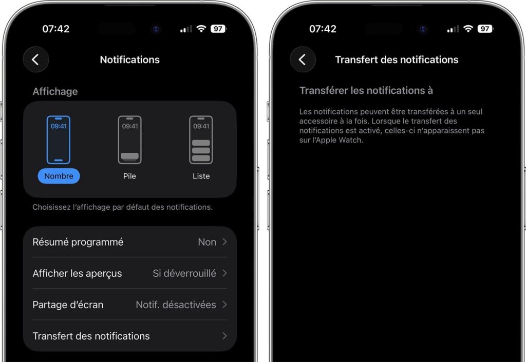 L'affichage du transfert de notifications sur iOS 26.3.