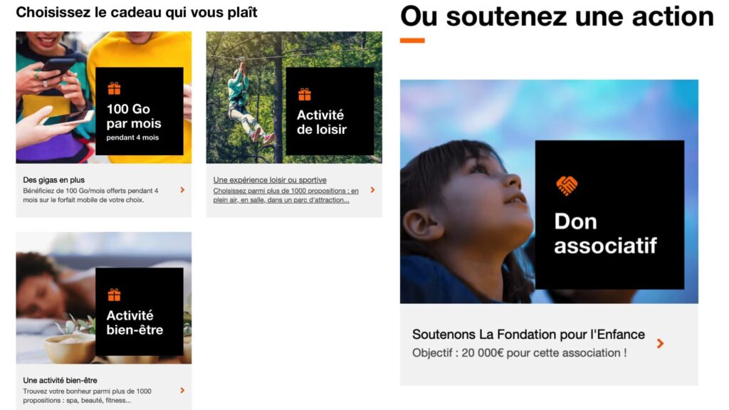 Les cadeaux mis en avant sur le site d'Orange.
