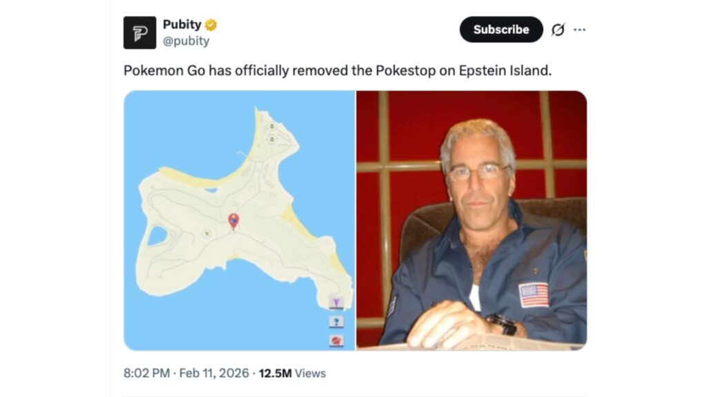 Le Pok&eacute;Stop de l'&icirc;le de Jeffrey Epstein a &eacute;t&eacute; retir&eacute;. // Source : Pubity - X