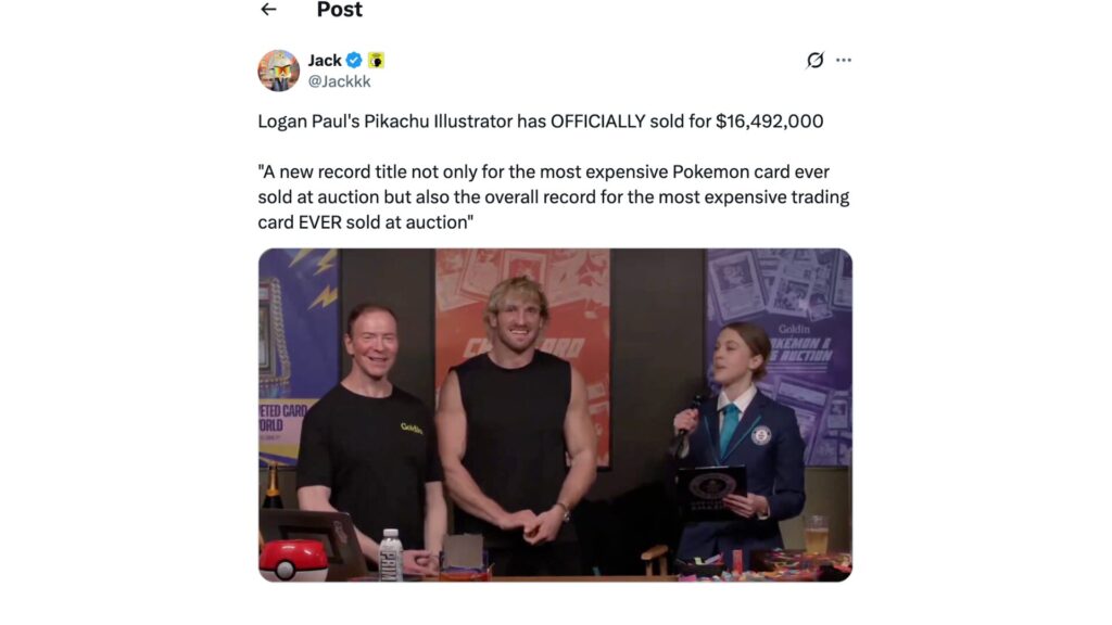 Elle devient la carte &agrave; collectionner la plus ch&egrave;re toutes cat&eacute;gories confondues. // Source : @Jackkk sur X