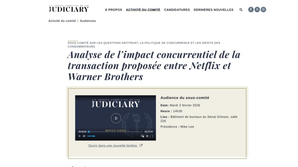 L'audition du 3 f&eacute;vrier 2026. // Source : U.S Senate Committee on the Judiciary