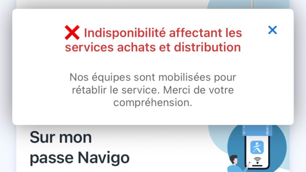 La panne, indiqu&eacute;e dans l'app IDF Mobilit&eacute;s, ici sur iOS. // Source : Capture d'&eacute;cran IDF Mobilit&eacute;s par Numerama