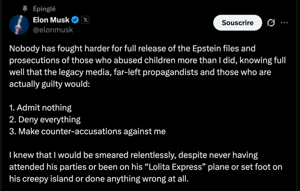 Elon Musk a beaucoup comment&eacute; l'affaire Epstein ce week-end.