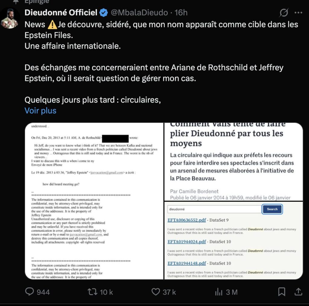 Dieudonn&eacute; se demande si un complot orchestr&eacute; par Epstein lui a caus&eacute; des ennuis.