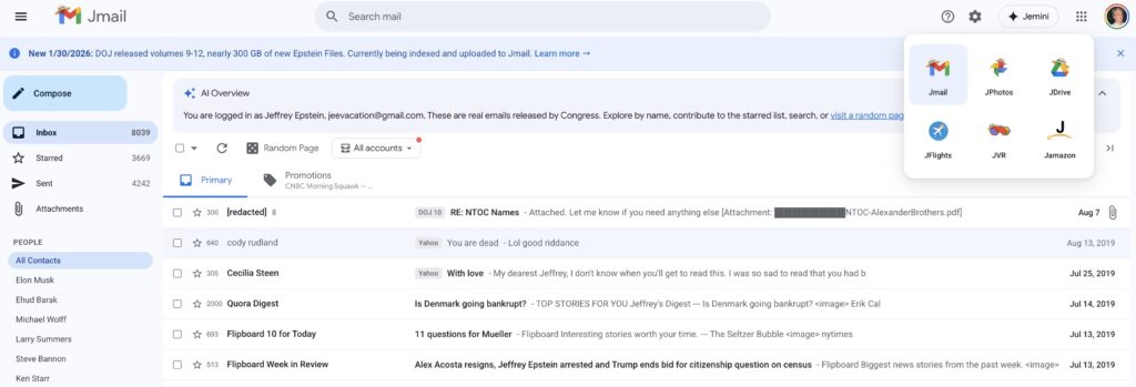 La plateforme Jmail, pas encore mise &agrave; jour, permet d'acc&eacute;der aux documents de Jeffrey Epstein dans une interface qui imite celle de Gmail.