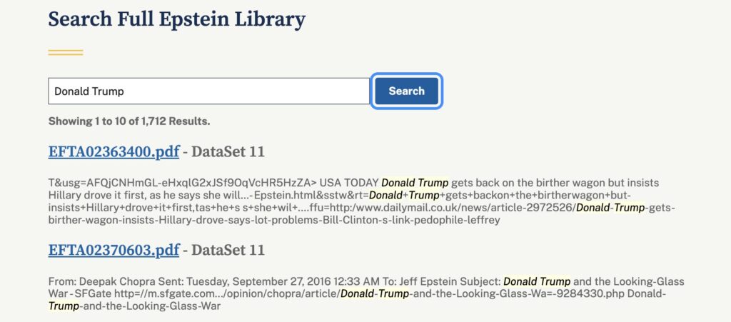 Donald Trump est mentionn&eacute; 1712 fois dans la base de donn&eacute;es du DOJ.