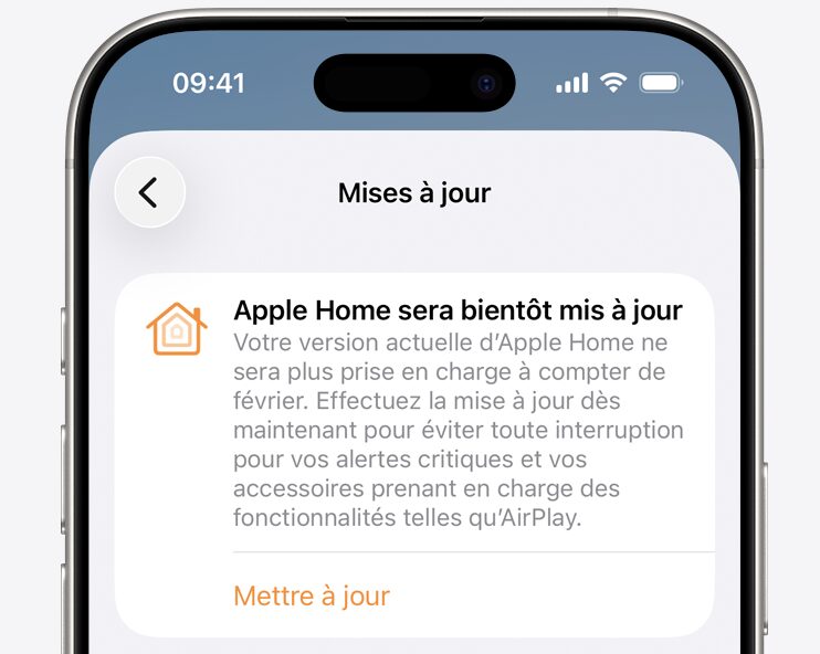 Le message envoy&eacute; par Apple si un foyer HomeKit utilise l'ancienne architecture.