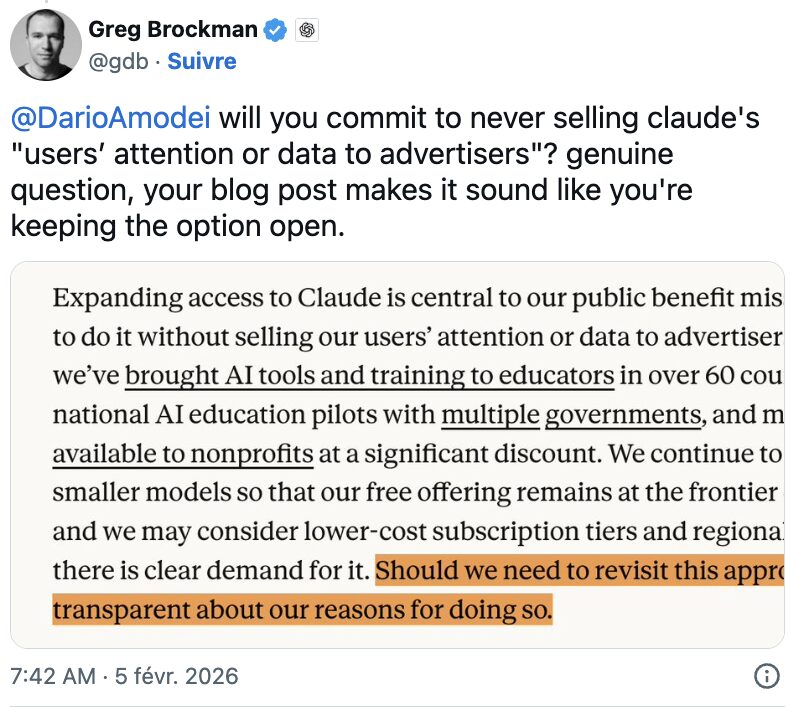 Greg Brockman s'est aussi &eacute;nerv&eacute; contre Anthropic.