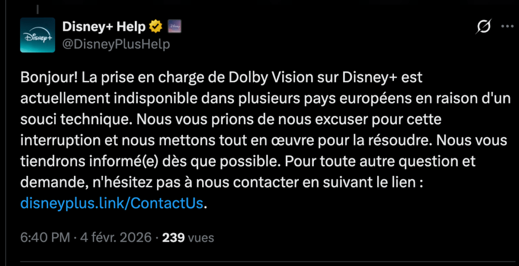 La réponse du service-client français de Disney+. La réponse du service-client français de Disney+.