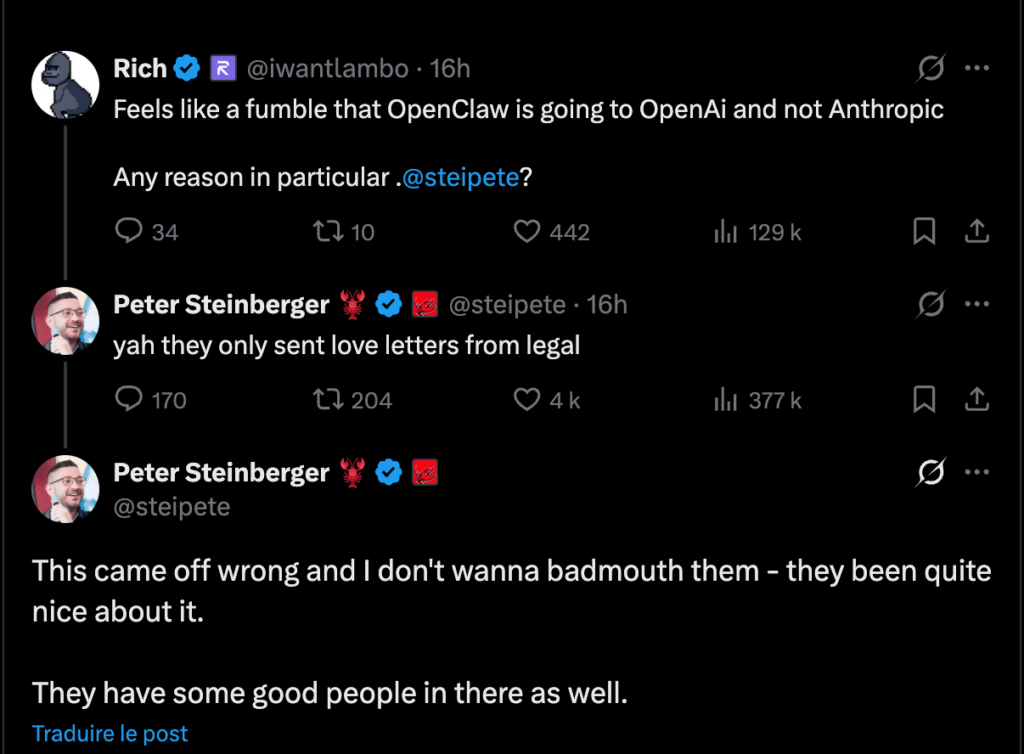 Pourquoi OpenAI plut&ocirc;t qu'Anthropic&nbsp;? Peter Steinberger s'amuse des lettres d'amour envoy&eacute;es par le cr&eacute;ateur de Claude.