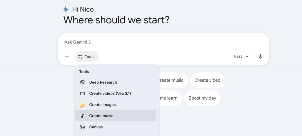 L'onglet Outils permet de s&eacute;lectionner directement la cr&eacute;ation musicale.