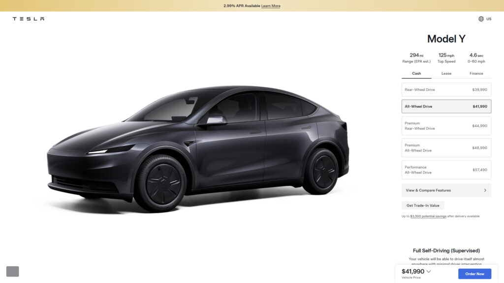 Nouvelle d&eacute;clinaison du Model Y AWD standard sur le configurateur am&eacute;ricain  // Source : Capture site Tesla
