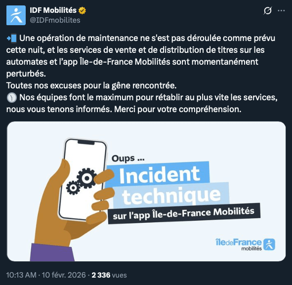 Le tweet d'IDF Mobilit&eacute;s au sujet de la panne. // Source : Via X @IDFmobilit&eacute;s
