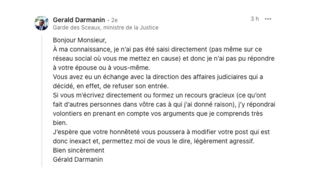 Le ministre de la Justice Gérald Darmanin a finalement répondu à Jean-Baptiste Kempf. // Source : Capture d'écran Numerama Le ministre de la Justice Gérald Darmanin a finalement répondu à Jean-Baptiste Kempf. // Source : Capture d'écran Numerama