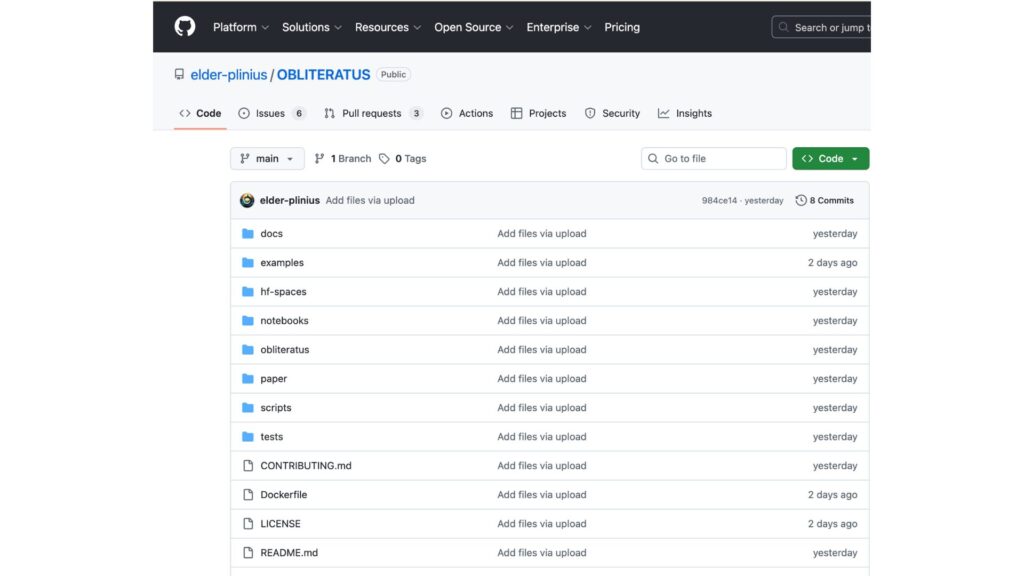 &laquo; Obliteratus &raquo;, publi&eacute; sur GitHub. // Source : elder-plinius