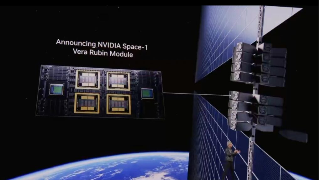Nvidia a pr&eacute;sent&eacute; le Space‑1 Vera Rubin lors du GTC 2026. // Source : Capture d'&eacute;cran Numerama